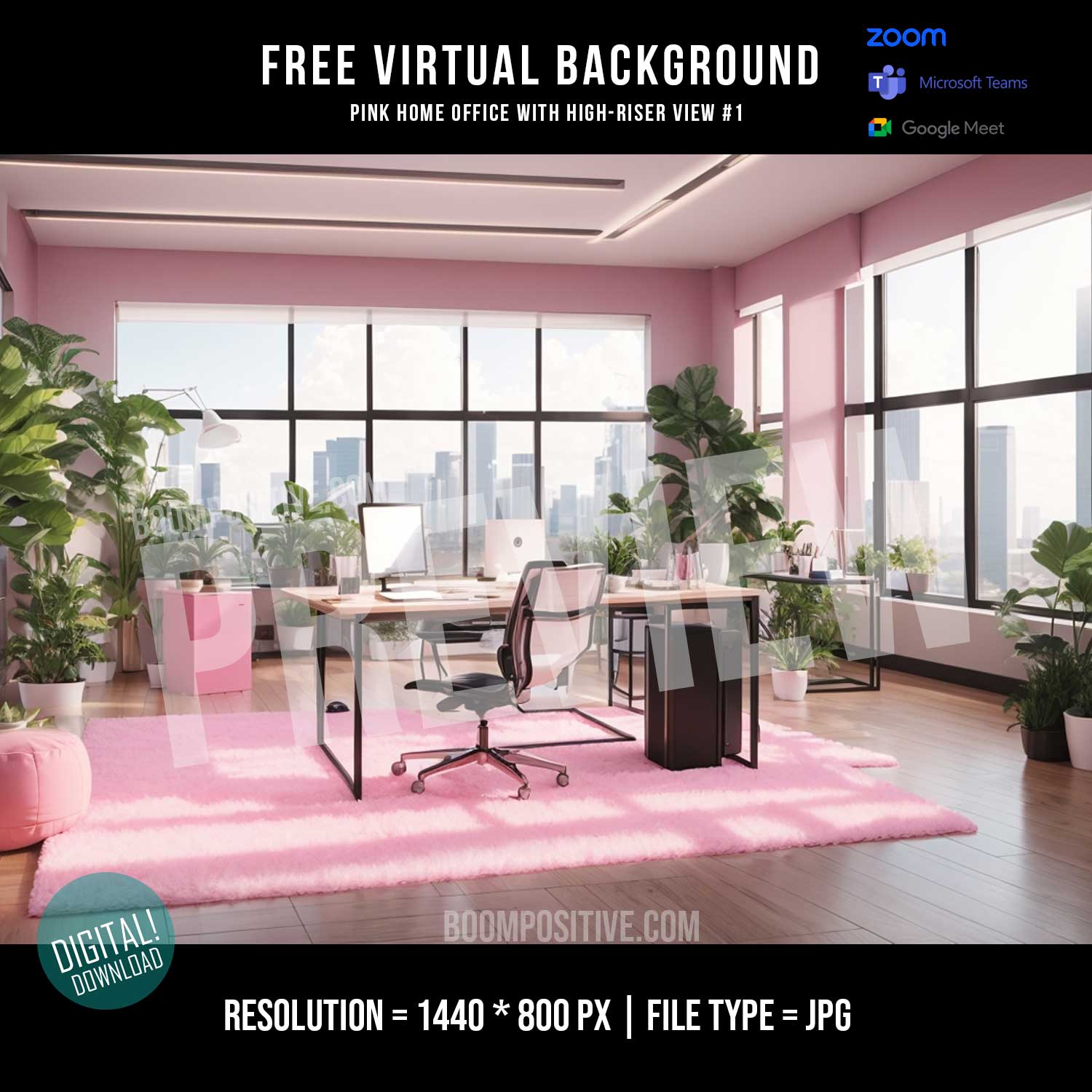 Free virtual background | Pink high-riser office – Boom Positive