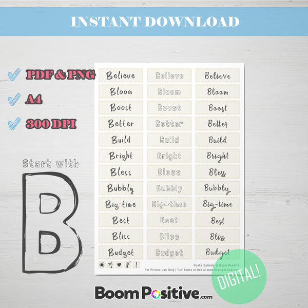 printable positive words with b