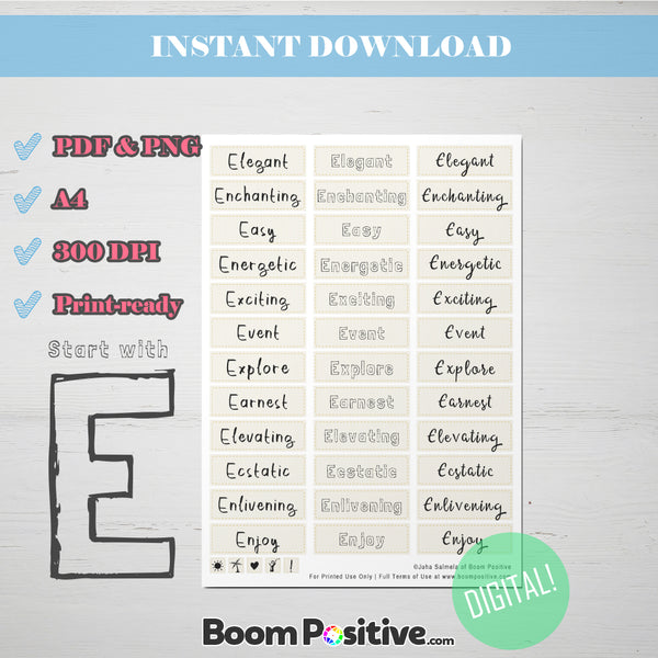 printable positive words with e