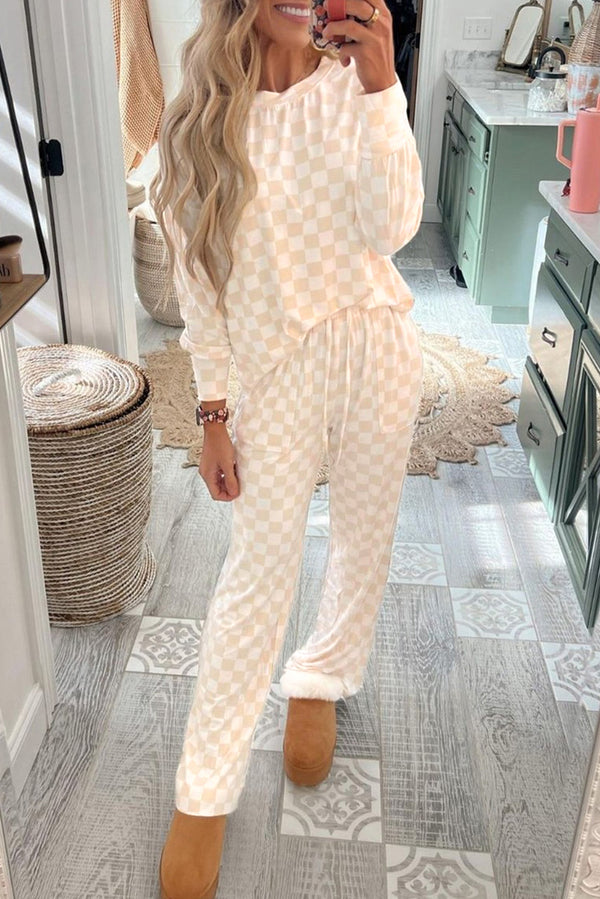 Beige Checkered Print Lounge Set Long Sleeve Top and Pants