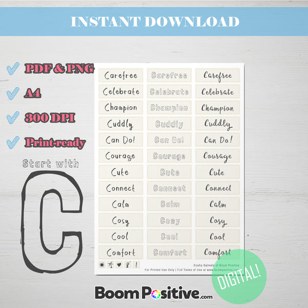 printable positive words with c