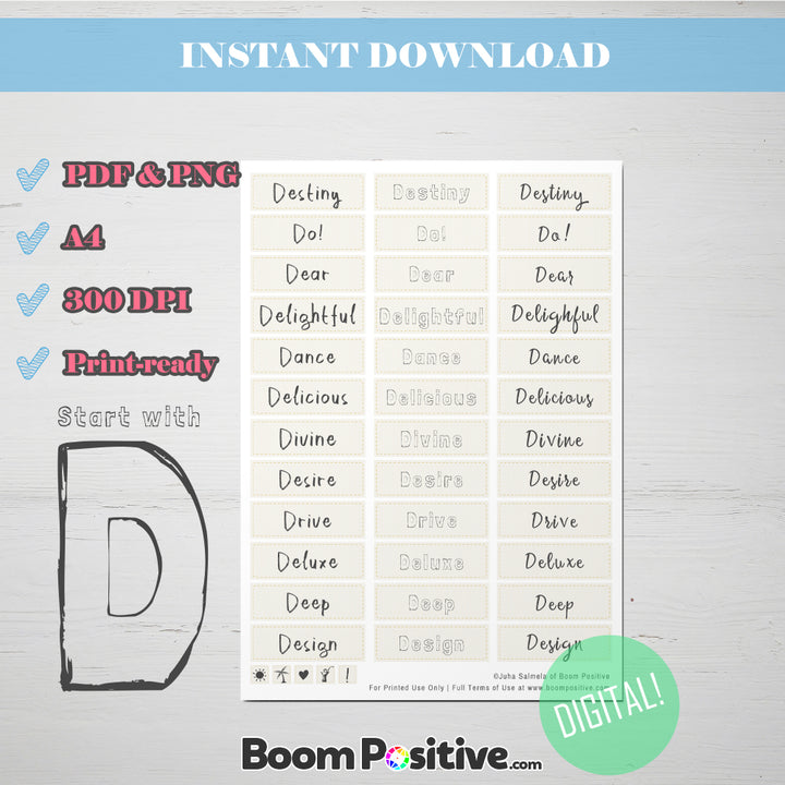printable positive words with d
