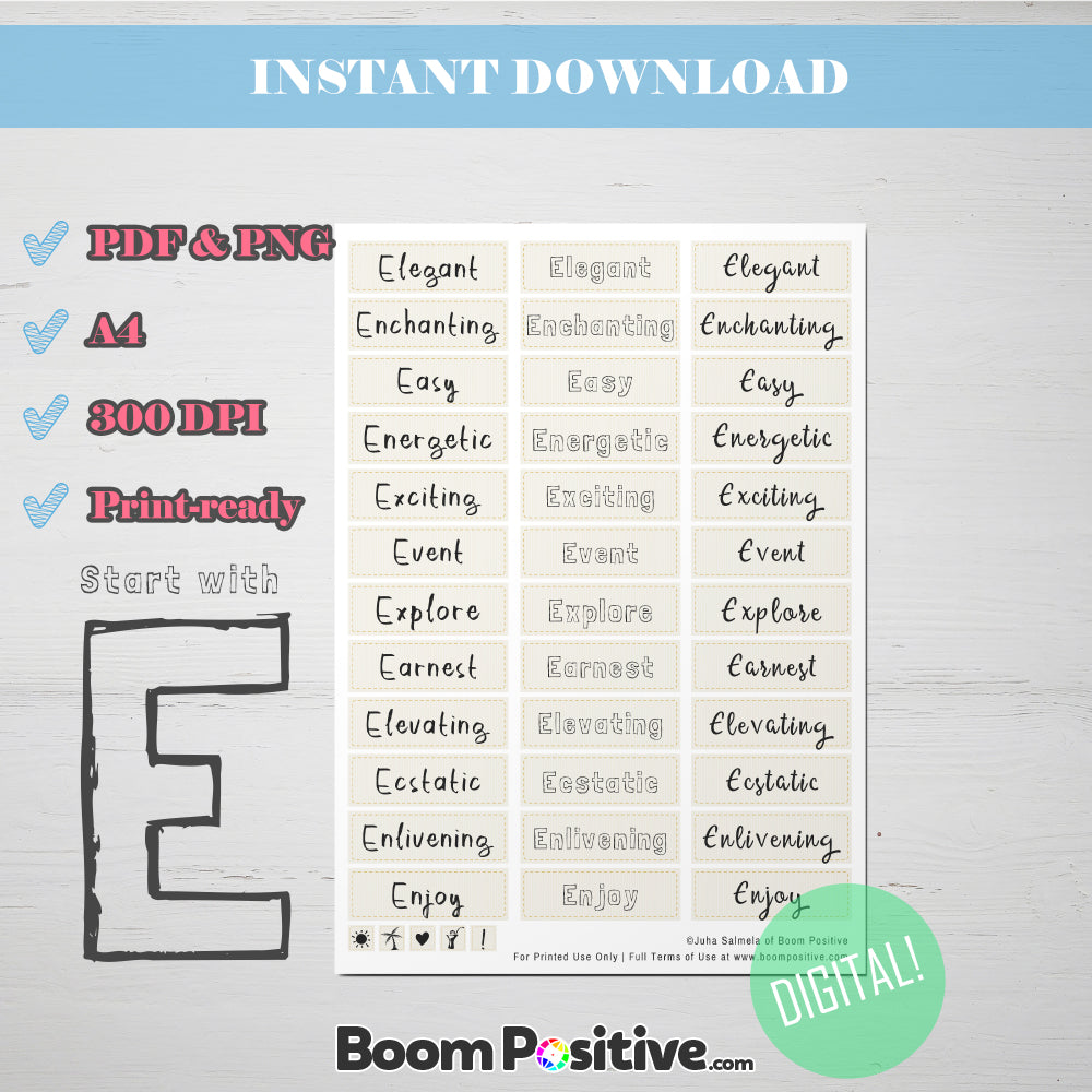 Printable Positive Words with E | 36 Words + 4 Doodles – Boom Positive