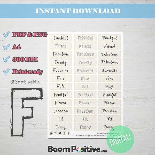 printable positive words with f