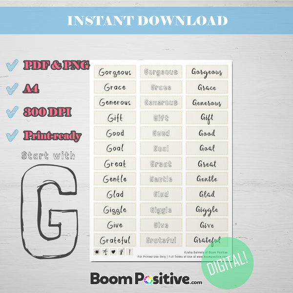 printable positive words with g