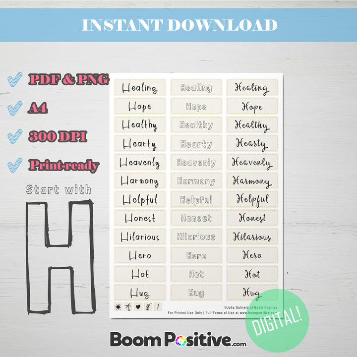 printable positive words with h